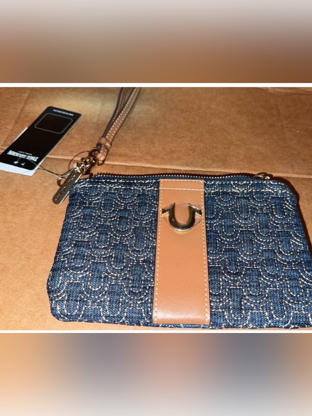 True Religion Denim and Tan Logo Wristlet Clutch